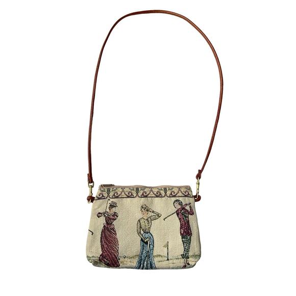 Vintage Tapestry Shoulder Bag with Victorian Golfers Scene & Brown Strap - Picture 3 of 11